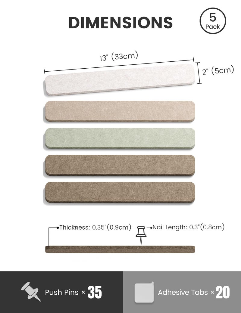 Fluxynara Cork Board Alternative Felt Strip Board 5-Pack 13"x2", Office Pin Board with 35 Push Pins, Adhesive Install for Bedroom Door & Home Office(Linen Dusk) - Image 2