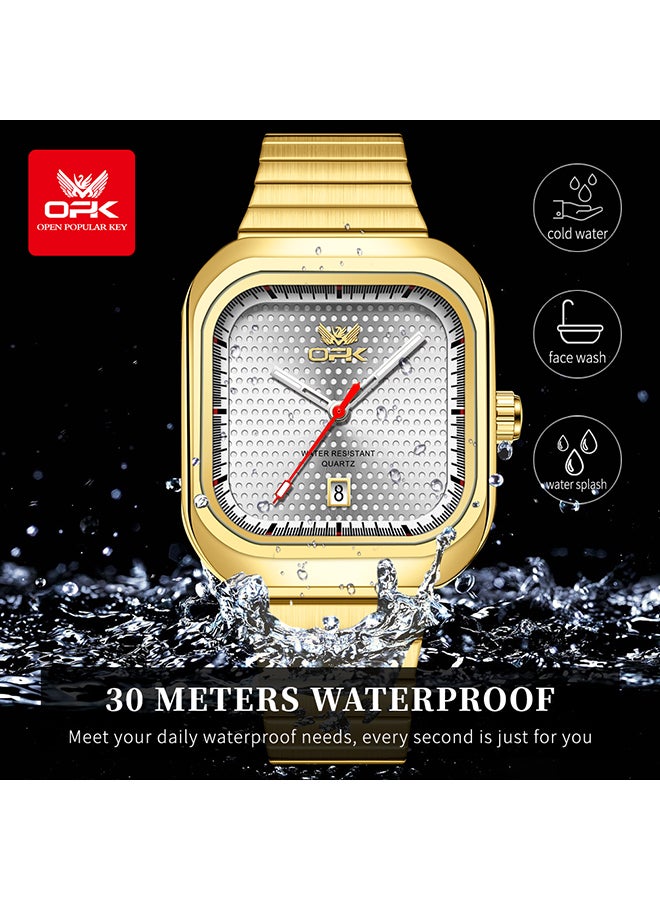 Opk Stylish Square Steel Strap Men'S Watch, Luminous And Waterproof, Single Calendar Quartz Watch, 6041 Steel Strap, Gold Case, White Dial. - Image 1