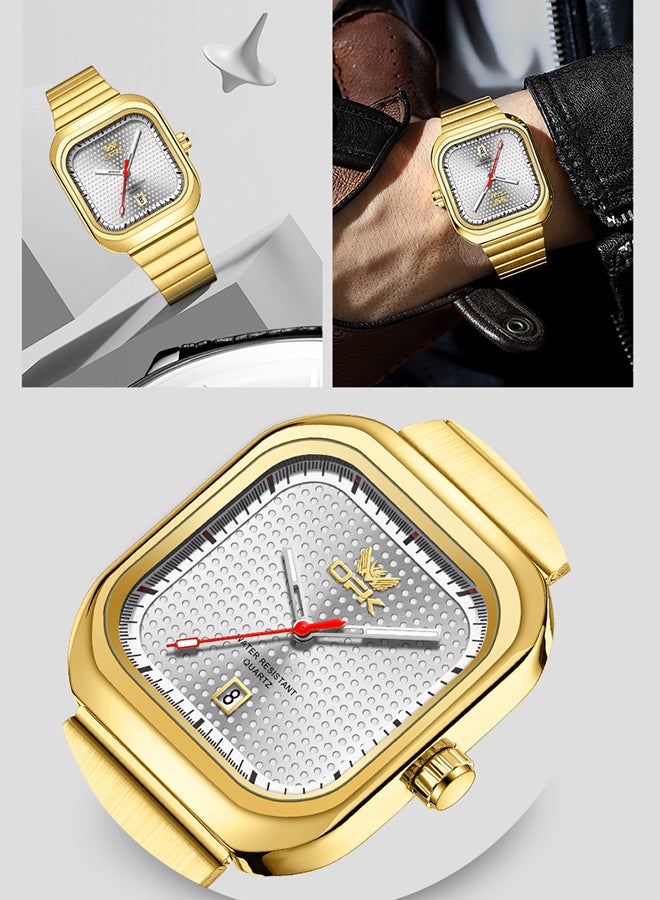 Opk Stylish Square Steel Strap Men'S Watch, Luminous And Waterproof, Single Calendar Quartz Watch, 6041 Steel Strap, Gold Case, White Dial. - Image 5