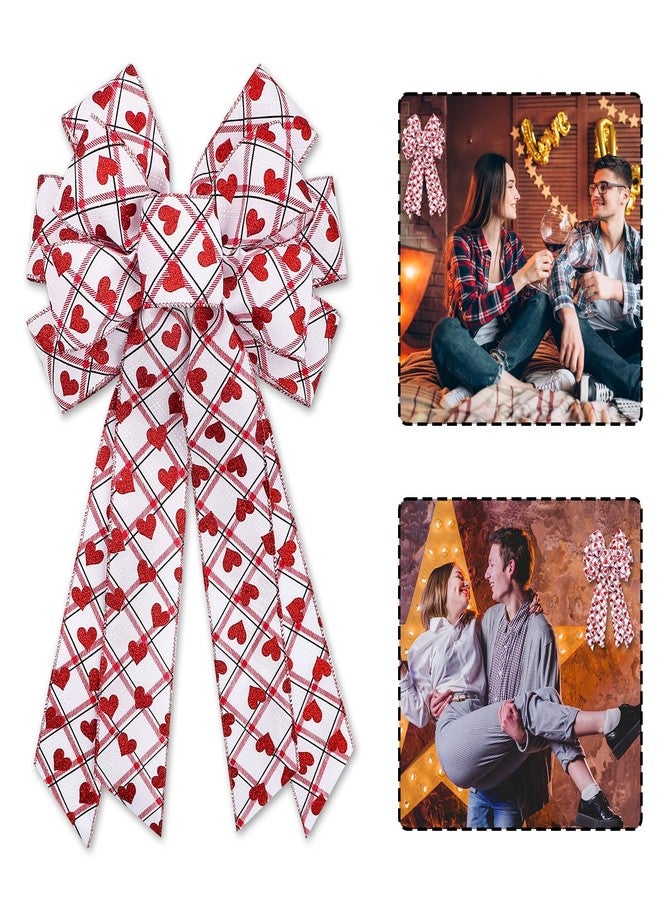 Blinket Valentine's Day Large White Red Heart Plaid Bow, 11.42"x20.87" Wreath Bow for Valentine's Day Wedding Party Tree Topper Front Door Indoor Outdoor Decorations - Image 1