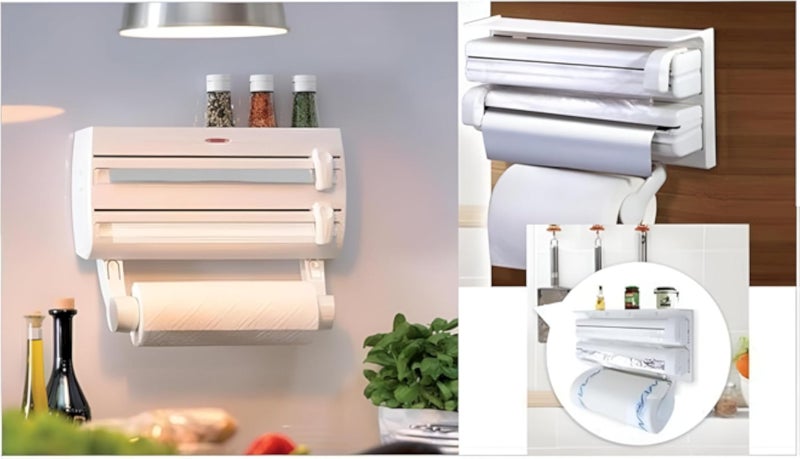 منظم لثلاثة أنواع من أدوات المطبخ: مناديل المطبخ، ورق الألمنيوم، لفائف التغليف، رف التوابل، سهل القص وموفر للمساحة. الأبعاد: 39 × 10 × 24 سم