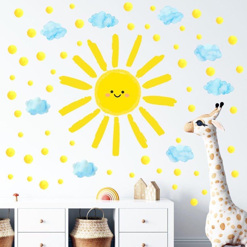 Eutecado Sun Wall Decals Watercolor Cloud Wall Stickers for Kids Room, 12 Sheets Large Sun Cloud Wall Decor Posters Polka Dots Wall Stickers Home Decorations for Girls Room Bedroom Play Room - Image 2