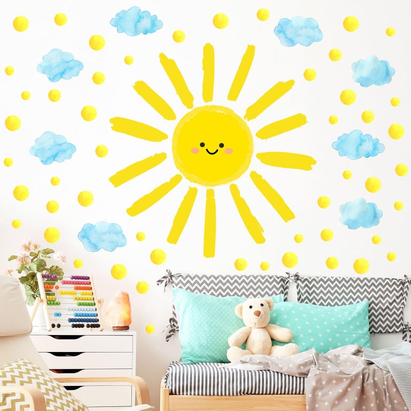 Eutecado Sun Wall Decals Watercolor Cloud Wall Stickers for Kids Room, 12 Sheets Large Sun Cloud Wall Decor Posters Polka Dots Wall Stickers Home Decorations for Girls Room Bedroom Play Room - Image 1