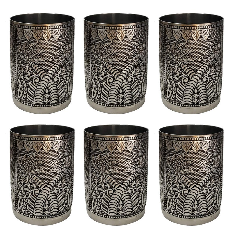 Newvent Stainless Steel Glass Set Unbreakable Serving Glass Set Silver Oxidise SS Glass Set of 6Pcs - Image 1