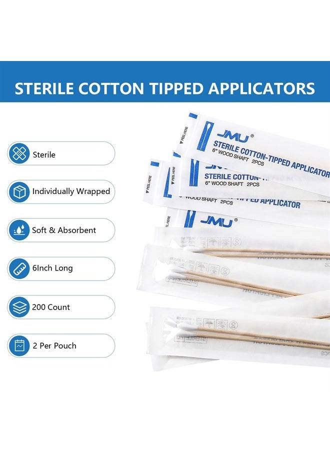 JMU - 6 Inch Sterile Cotton Tipped Applicators, 200 Count Long Cotton Swabs, Wood Shaft Medical Swabs - Image 1