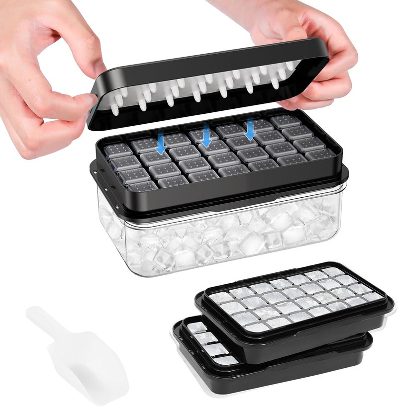 PHINOX Ice Cube Tray with Lid and Bin, 64 pcs Ice Trays for Freezer, Ice Cube Trays for Freezer with 2 trays, Container, Lid & Ice Scoop, BPA Free, Black - Image 1