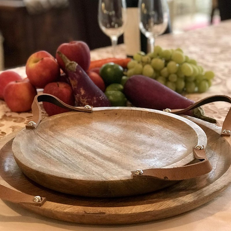 WHW Whole House Worlds Mango Wood Board Server Trays Set of 2 Desserts Charcuterie Snacks Serving Brown Leather Handles Rustic Rounds 15 and 12 Inches Diameter  - Image 2