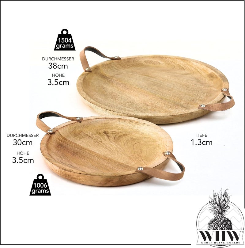 WHW Whole House Worlds Mango Wood Board Server Trays Set of 2 Desserts Charcuterie Snacks Serving Brown Leather Handles Rustic Rounds 15 and 12 Inches Diameter  - Image 3