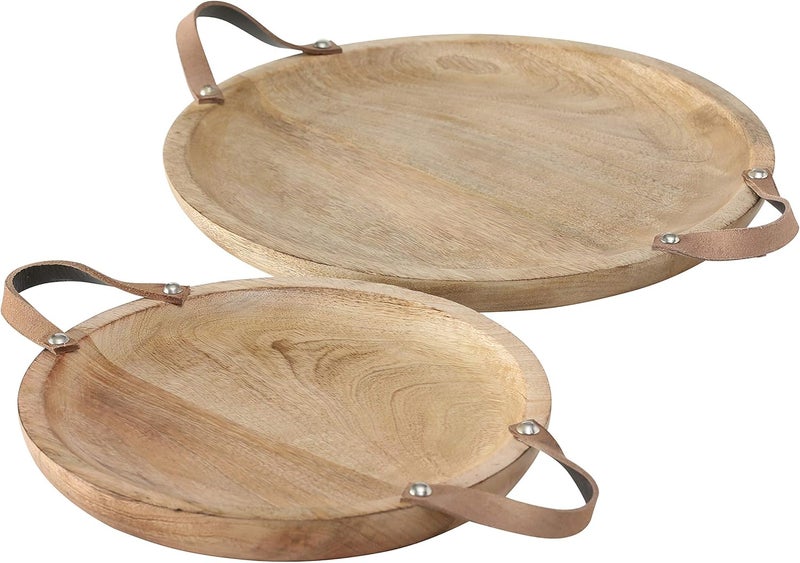 WHW Whole House Worlds Mango Wood Board Server Trays Set of 2 Desserts Charcuterie Snacks Serving Brown Leather Handles Rustic Rounds 15 and 12 Inches Diameter  - Image 1