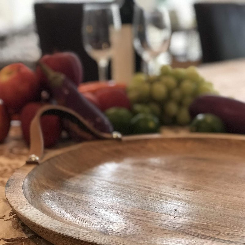 WHW Whole House Worlds Mango Wood Board Server Trays Set of 2 Desserts Charcuterie Snacks Serving Brown Leather Handles Rustic Rounds 15 and 12 Inches Diameter  - Image 5