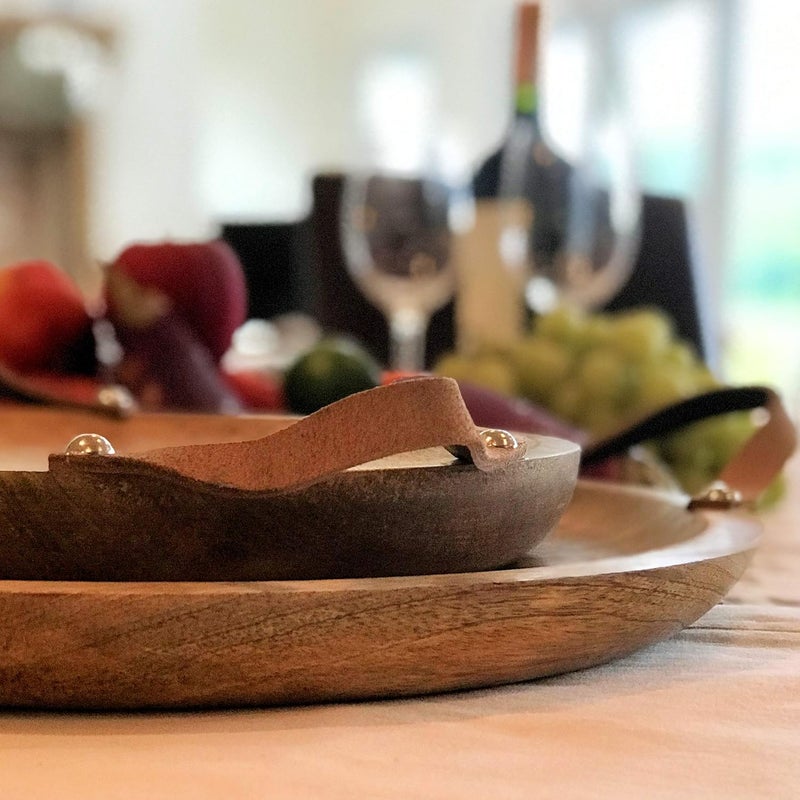 WHW Whole House Worlds Mango Wood Board Server Trays Set of 2 Desserts Charcuterie Snacks Serving Brown Leather Handles Rustic Rounds 15 and 12 Inches Diameter  - Image 4