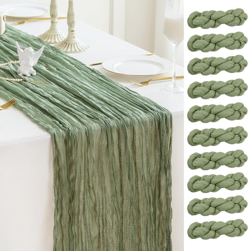 Sioloc 10 Pack Sage Green Cheesecloth Table Runner Spring Decor 10ft Boho Gauze Cheese Cloth Runner for Easter Tea Wedding Party Baby Bridal Shower Birthday St Patricks Day