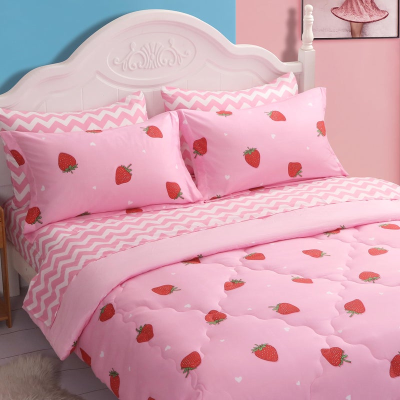 Gusuhome Strawberry Comforter Bedding Set Twin Size for Girls 7 Piece Pink Kawaii Comforter Set Bed in A Bag for Kids Teens All Season 1 Comforter1 Flat Sheet1 Fitted Sheet and 4 Pillow Sham