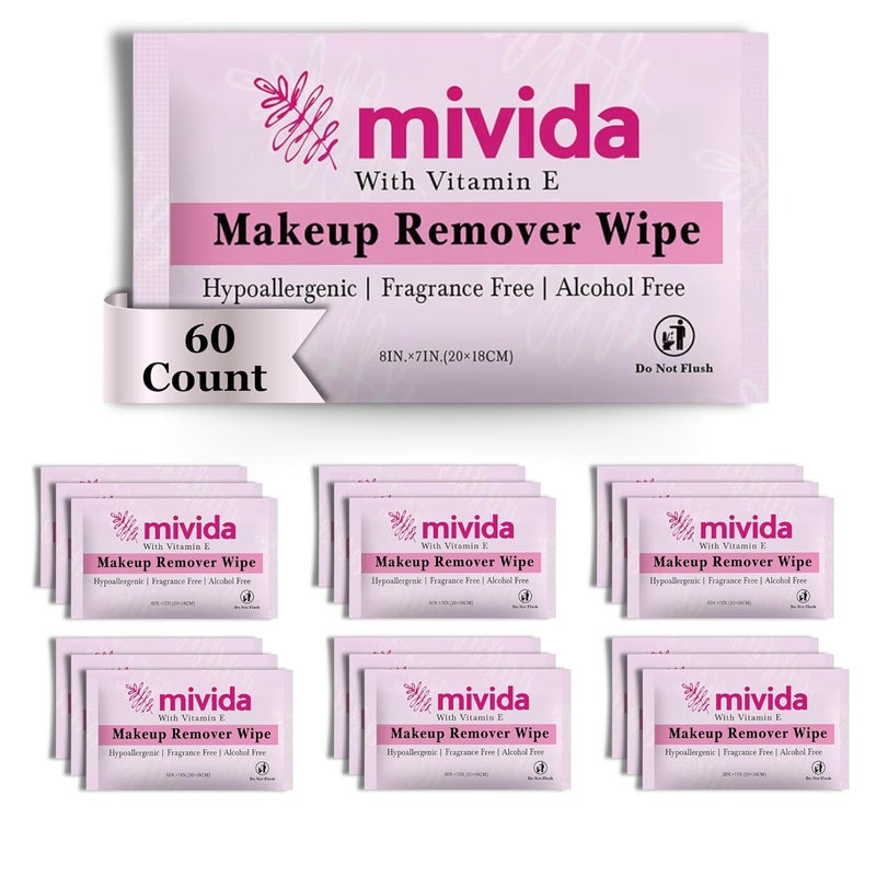 mivida 60 Count Individually Wrapped Makeup Remover Wipes With Vitamin E  FragranceFree AlcoholFree Hypoallergenic single make up removing wipes  Hotel Travel Size Toiletries
