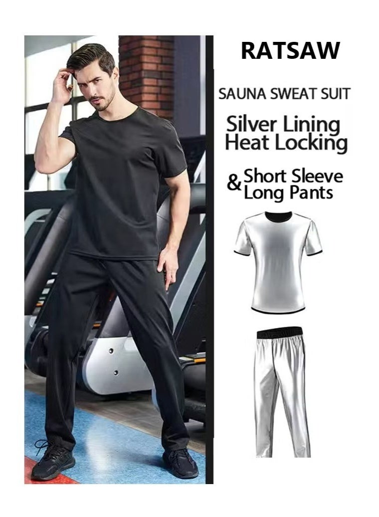 RATSAW Sauna Suit Set for Men Sweat Sweating Shirt Short Sleeve Workout Suits Short Sleeve Top and Long Pants, Sweat Enhancing Workout Outfit for Weight Loss - Image 2