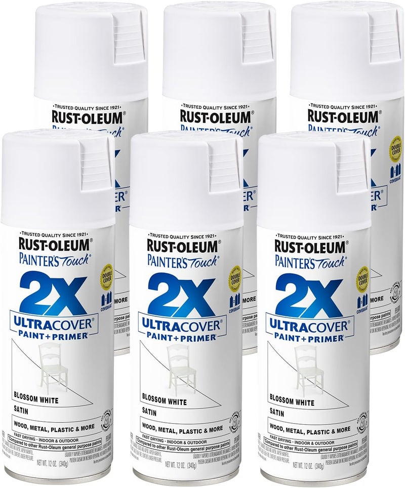 RUST-OLEUM 249843-6PK Painter's Touch 2X Ultra Cover Spray Paint, 12 oz, Satin Blossom White, 6 Pack - Image 1