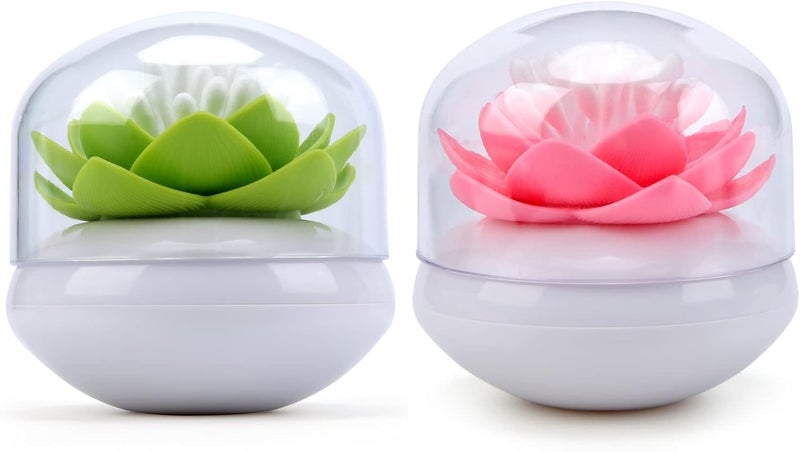 Bloss QTip Cotton Swab Holder Set - Lotus Toothpick Organizer Bathroom Decor Vanity Canister - 2 Pack (Green + Pink) - Image 1