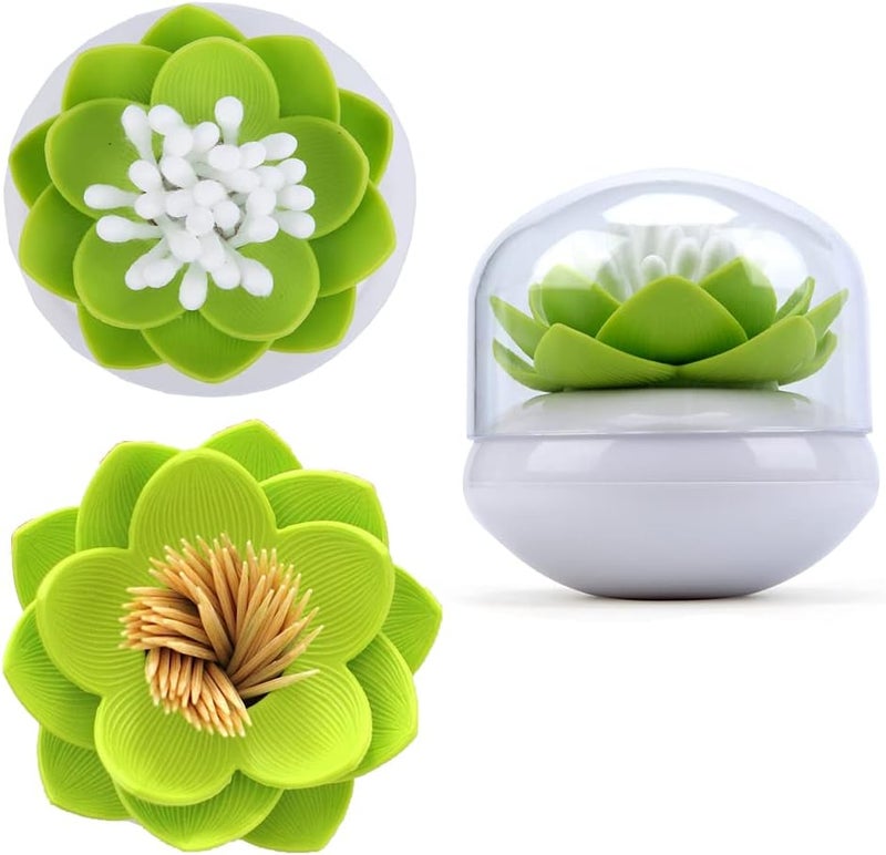 Bloss QTip Cotton Swab Holder Set - Lotus Toothpick Organizer Bathroom Decor Vanity Canister - 2 Pack (Green + Pink) - Image 2