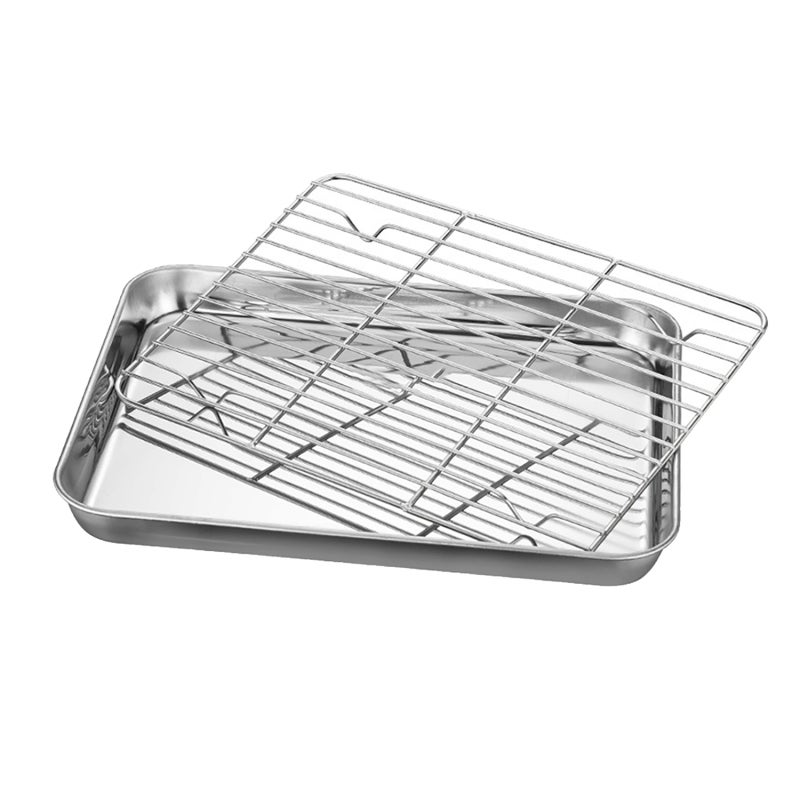 Square Barbecue Plate: 31-24-2.5cm Silver 430 Stainless Steel - Rust-resistant Deform-proof Cooling Rack Set with Detachable Mesh, Oil-water Filtering Design for Home Kitchen Hotel Restaurant Barbecue - Image 1