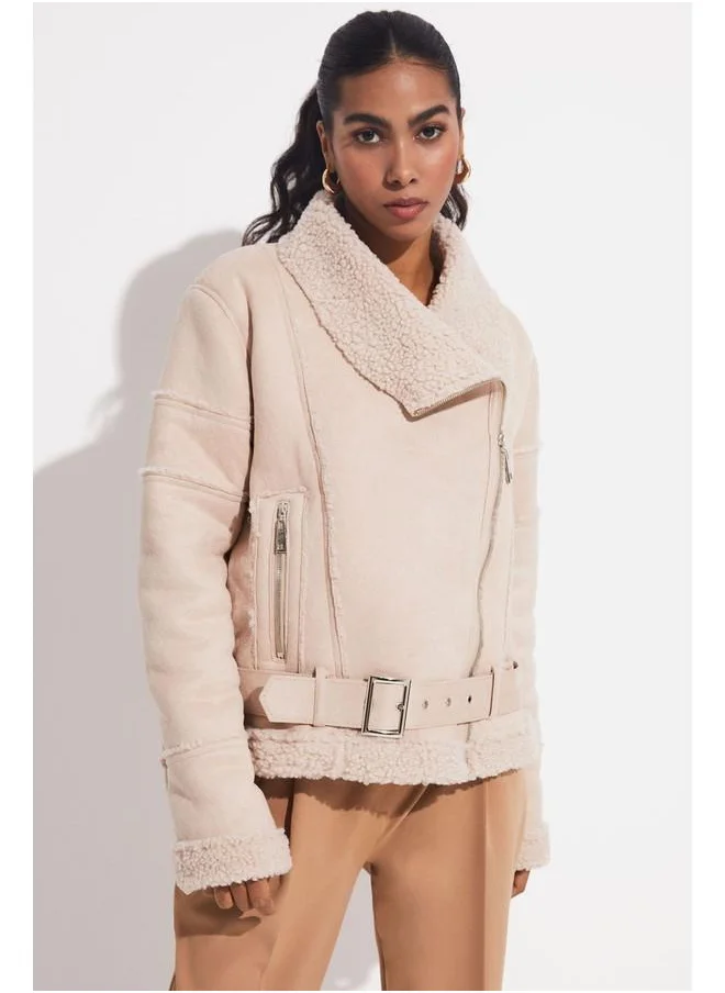 جون June Fur Detailed Belted Coat Beige