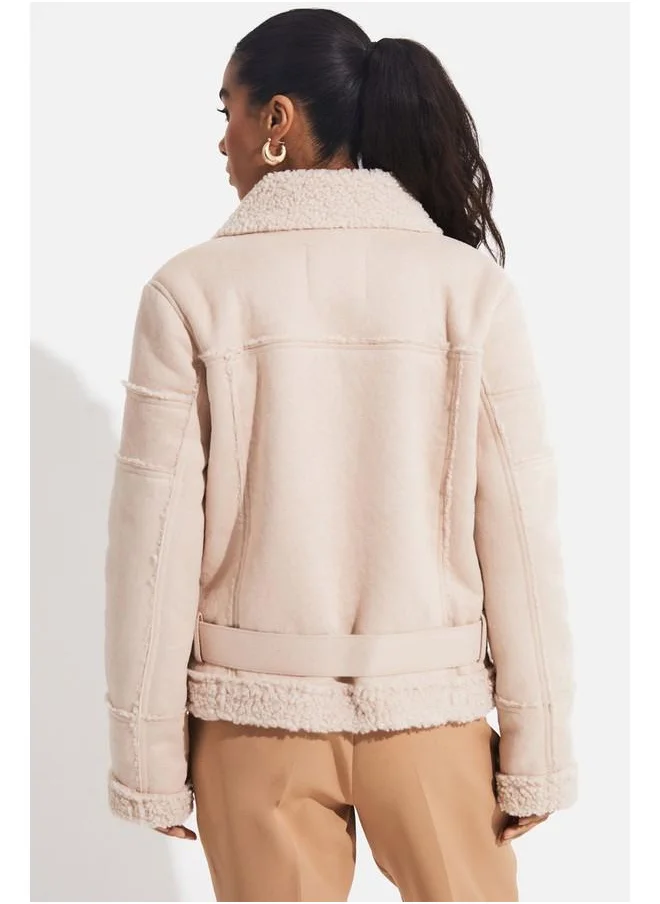 جون June Fur Detailed Belted Coat Beige