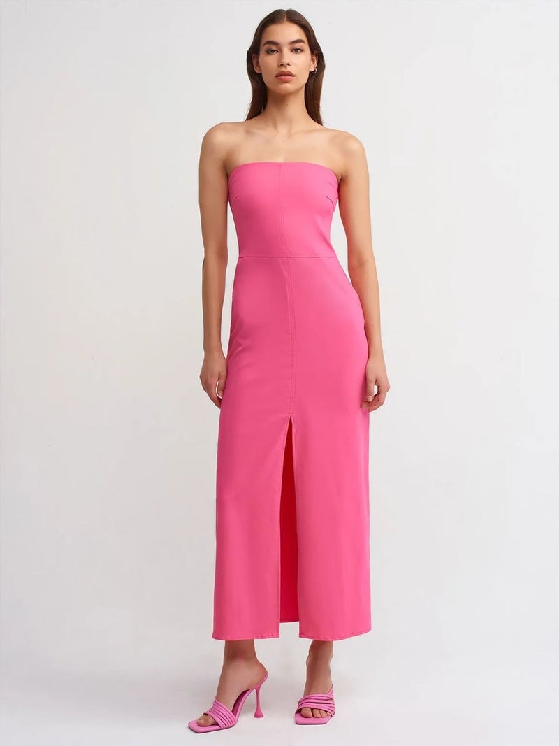 DILVIN Strapless Fitted Midi Dress With Slit - Image 1