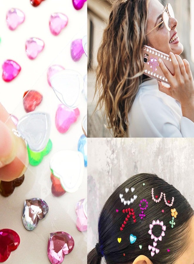 LAPOHI 1398 قطعة من أحجار الراين القلبية ذاتية اللصق من الأكريليك ملصقات جواهر قلبية مسطحة للماكياج على الجسم والعين لحفلات الزفاف ويوم عيد الحب والحرف اليدوية، 9 أوراق - Image 5