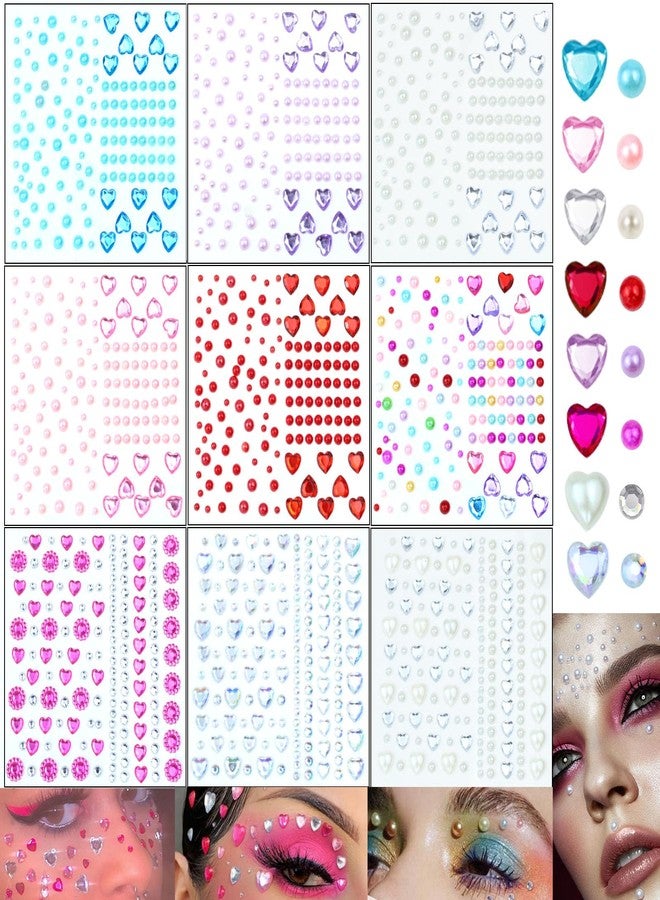 LAPOHI 1398 قطعة من أحجار الراين القلبية ذاتية اللصق من الأكريليك ملصقات جواهر قلبية مسطحة للماكياج على الجسم والعين لحفلات الزفاف ويوم عيد الحب والحرف اليدوية، 9 أوراق - Image 1