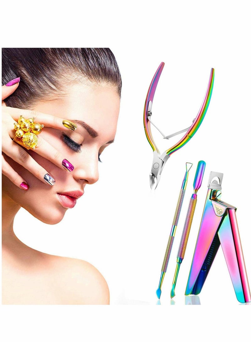 Captaintech Nail Clipper, False Nail Tips Clipper Cuticle Trimmer Nipper with Cuticle Pusher Cuticle Remover, Stainless Steel Rainbow Color Nail Manicure Set for Salon Home Nail Art - Image 1