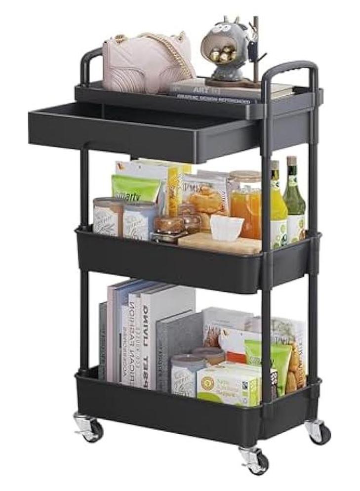 HOOKOR 3-Tier Rolling Utility Cart with Drawer,Multifunctional Storage Organizer with Plastic Shelf & Metal Wheels,Storage Cart for Kitchen,Bathroom,Living Room,Office,Black-3 Tier - Image 1