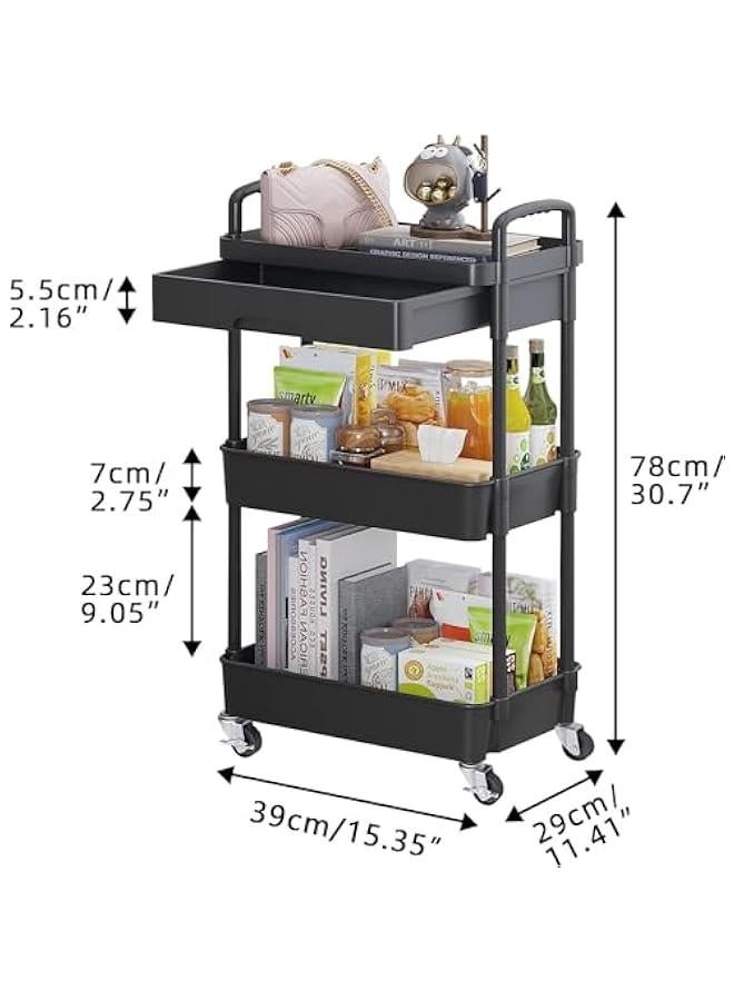 HOOKOR 3-Tier Rolling Utility Cart with Drawer,Multifunctional Storage Organizer with Plastic Shelf & Metal Wheels,Storage Cart for Kitchen,Bathroom,Living Room,Office,Black-3 Tier - Image 2