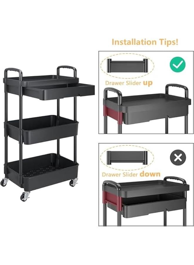 HOOKOR 3-Tier Rolling Utility Cart with Drawer,Multifunctional Storage Organizer with Plastic Shelf & Metal Wheels,Storage Cart for Kitchen,Bathroom,Living Room,Office,Black-3 Tier - Image 3