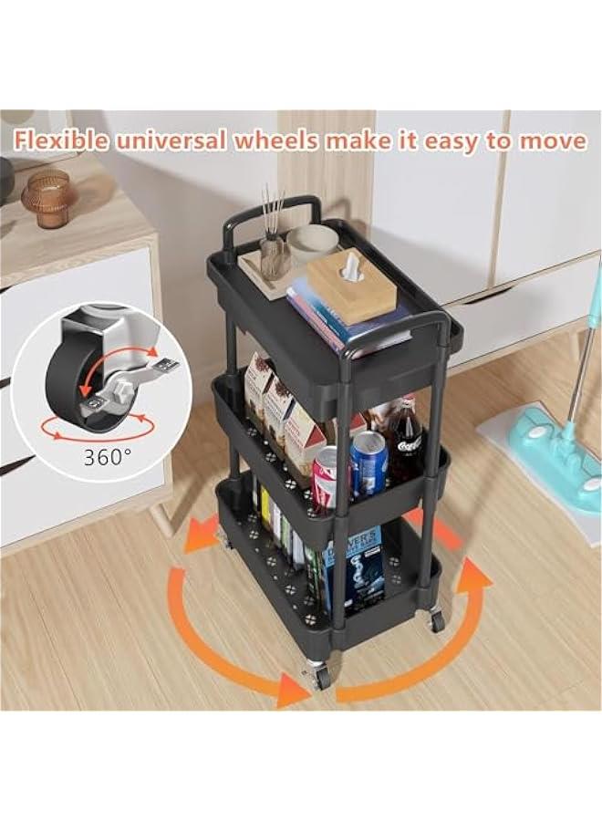 HOOKOR 3-Tier Rolling Utility Cart with Drawer,Multifunctional Storage Organizer with Plastic Shelf & Metal Wheels,Storage Cart for Kitchen,Bathroom,Living Room,Office,Black-3 Tier - Image 4