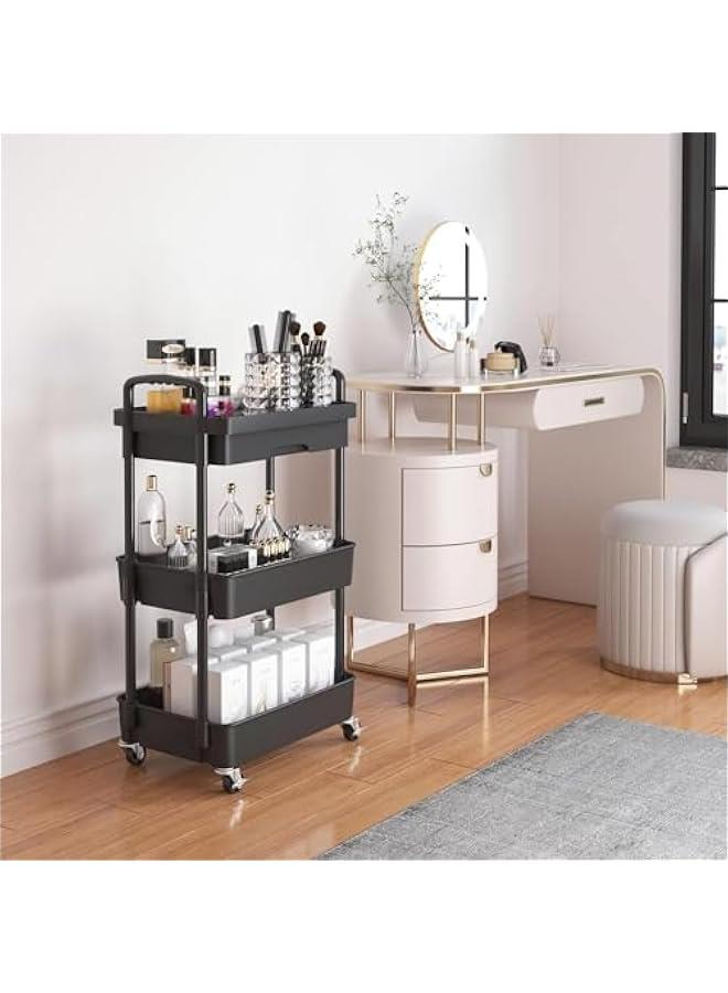 HOOKOR 3-Tier Rolling Utility Cart with Drawer,Multifunctional Storage Organizer with Plastic Shelf & Metal Wheels,Storage Cart for Kitchen,Bathroom,Living Room,Office,Black-3 Tier - Image 5