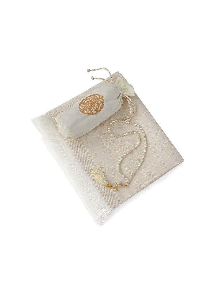 Prayer Rug - Muslim Prayer Rug - Prayer Mat Travel Bag and Prayer Beads - Muslim Gifts for Men Women and Kids (Ecru) - Image 1