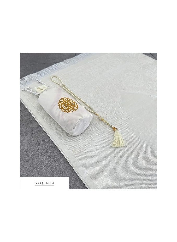 Prayer Rug - Muslim Prayer Rug - Prayer Mat Travel Bag and Prayer Beads - Muslim Gifts for Men Women and Kids (Ecru) - Image 2