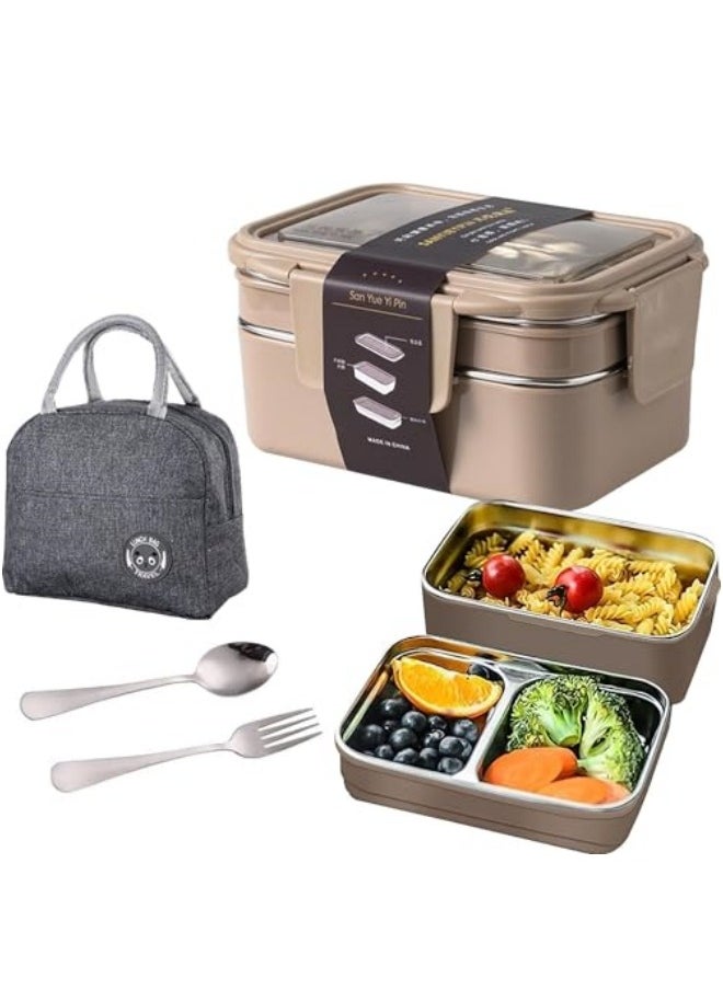 GGEROU Bento Box, Stainless Steel Double Layer Lunch Box with Spoon and Fork, Stainless Steel Lunch Box with lunch bag, Leakproof Bento Box Khaki  - Image 1