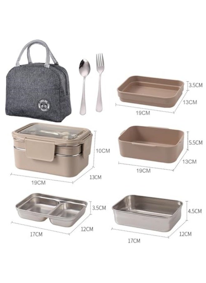GGEROU Bento Box, Stainless Steel Double Layer Lunch Box with Spoon and Fork, Stainless Steel Lunch Box with lunch bag, Leakproof Bento Box Khaki  - Image 2