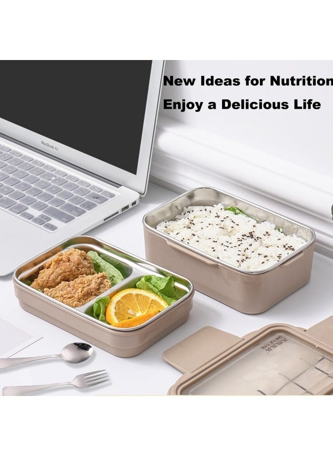 GGEROU Bento Box, Stainless Steel Double Layer Lunch Box with Spoon and Fork, Stainless Steel Lunch Box with lunch bag, Leakproof Bento Box Khaki  - Image 4