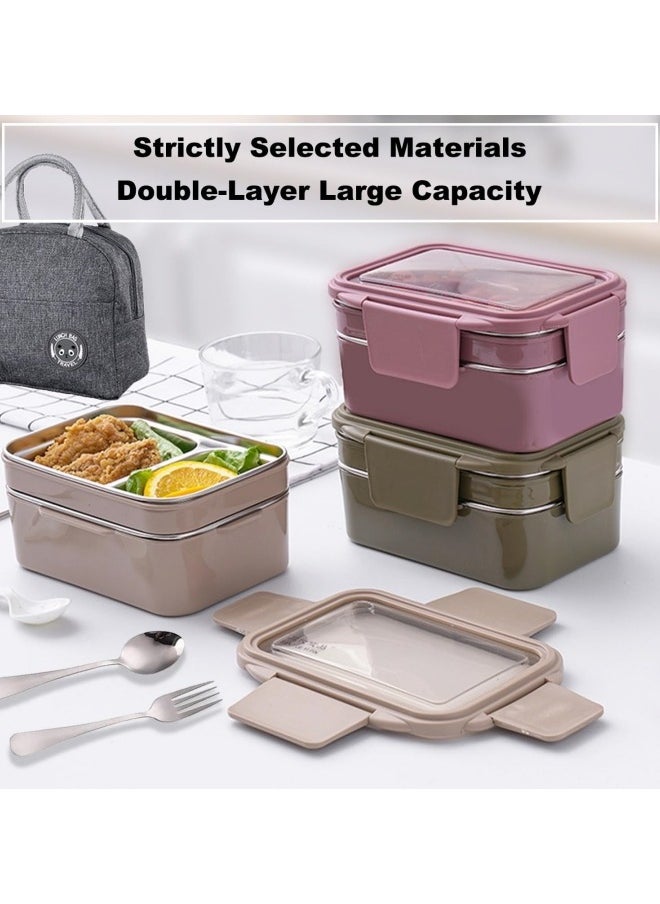 GGEROU Bento Box, Stainless Steel Double Layer Lunch Box with Spoon and Fork, Stainless Steel Lunch Box with lunch bag, Leakproof Bento Box Khaki  - Image 5