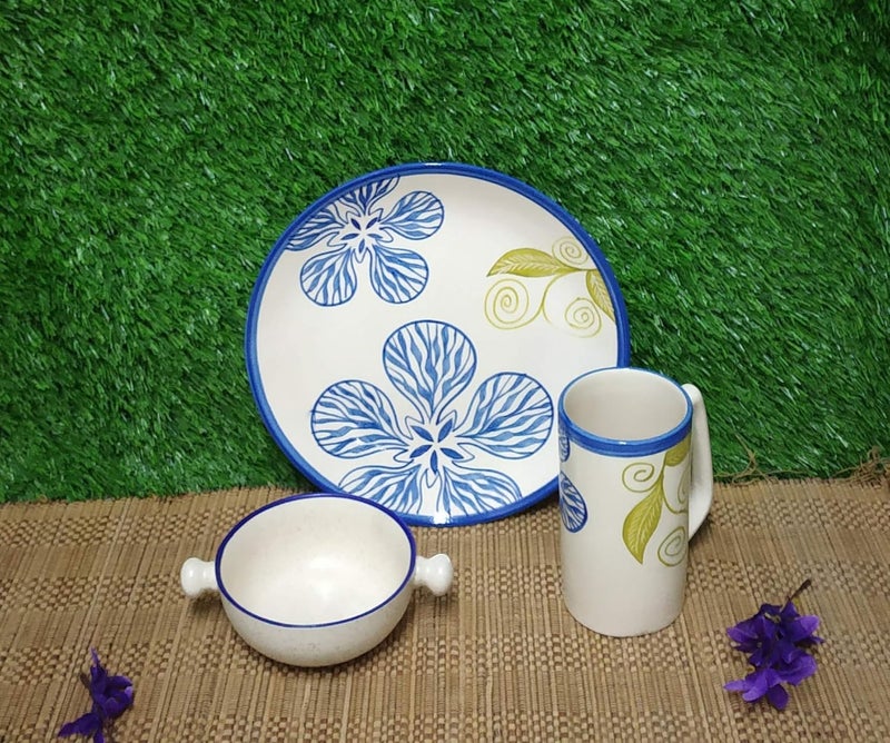 Caffeine Ceramic Handmade Blue Flora Breakfast Set (Set of 3) - Image 1