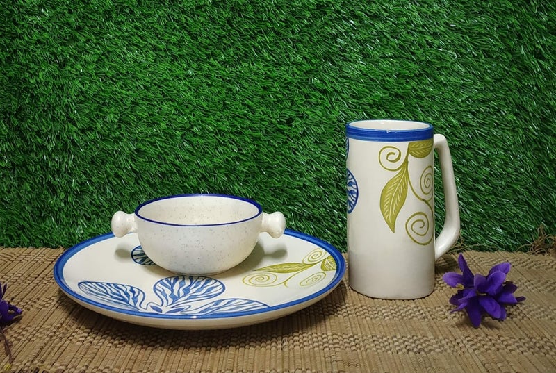 Caffeine Ceramic Handmade Blue Flora Breakfast Set (Set of 3) - Image 2
