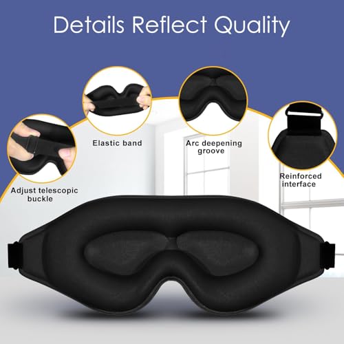 Lyrovo [UPDATED] 3D Contoured Eye Mask for Sleeping Men & Women – Memory Foam Sleep Mask, Ultra Soft Silk Cotton Blindfold for Deep Sleep, Adjustable Strap, 100% Light Blocking Eye Cover for Travel, Home & Meditation (Black) - Image 3