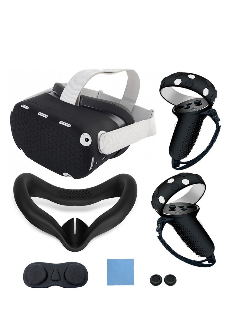 VR Cover Accessories Set Compatible with Meta Quest 2, MLemonVR Silicone VR Shell, Controller Grips u0026 Face Cover, on Caps, Lens Cover + Glasses Cloth Set for Quest 2 (Black, for Quest 2) - Image 1