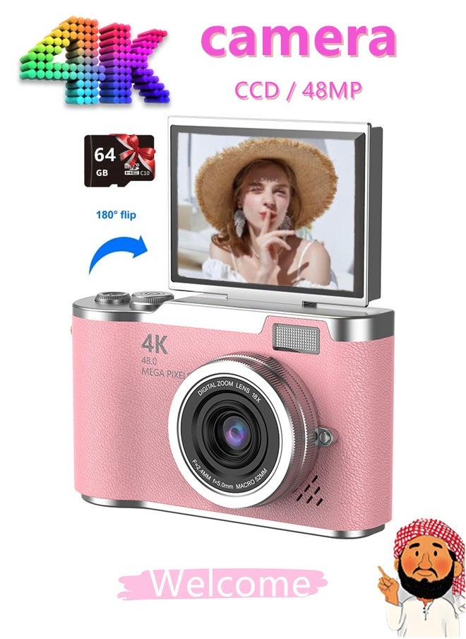 Generic 4k CCD Digital Zoom Student Digital Camera 48MP Portable Digital Photography Camera 180° Flip Screen Selfie Camera，free 64GB SD card  - Image 1