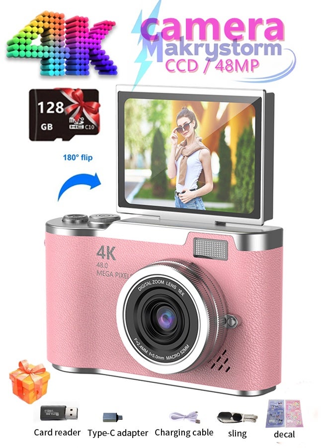 4k CCD Digital Zoom Student Digital Camera 48MP Portable Digital Photography Camera 180° Flip Screen Selfie Camera,free 128GB SD card