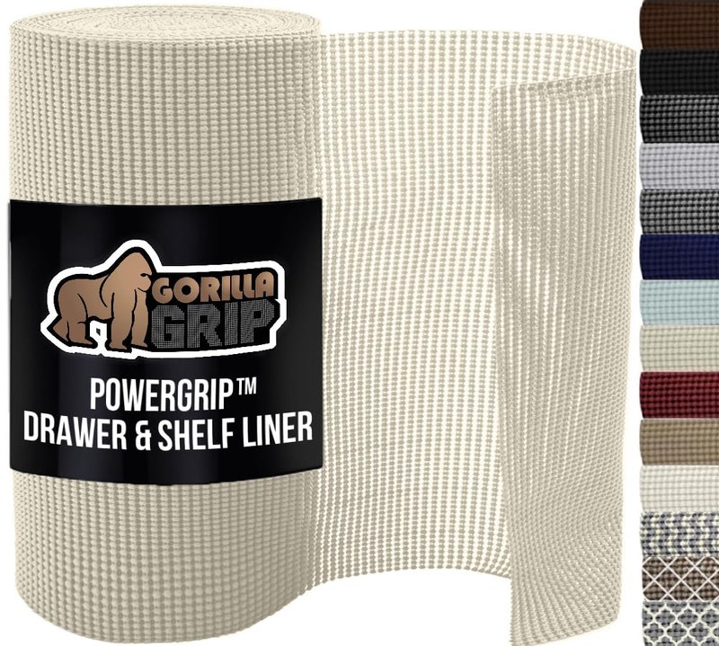 GORILLA GRIP powerGRIP Drawer Shelf and Cabinet Liner, Thick Strong Hold, Non-Adhesive Liners Protect Kitchen Cabinets and Cupboard, Bathroom Drawers, Easy Install, Breathable Mat, 12" x20', Cream - Image 1