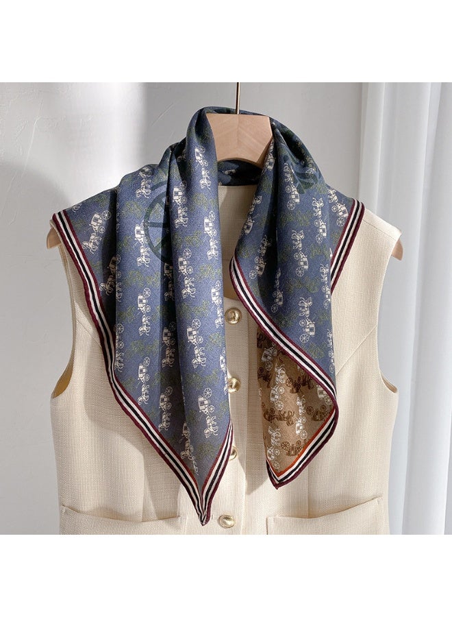 Handmade Silk & Wool Scarf, Blue Base Horse Carriage Print Pattern