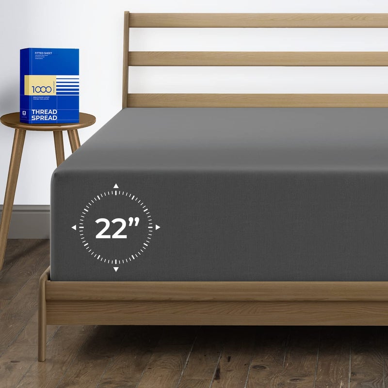 Thread Spread Luxury Egyptian Cotton Queen Fitted Sheet Only - 1000-Thread-Count 22"" Deep Pocket Queen Fitted Sheet  Soft  Cooling  Sateen Weave  Extra Long Staple Queen Size Fitted Sheet - Dark Grey - Image 1