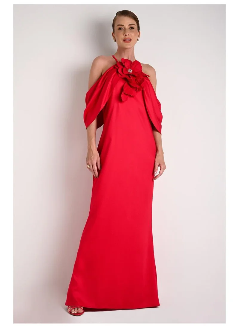 Long Dress with Floral Applique in Red